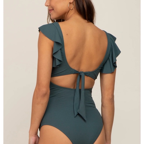 PinkBlush green ribbed, cutout flutter one piece maternity swimsuit - Picture 2 of 6